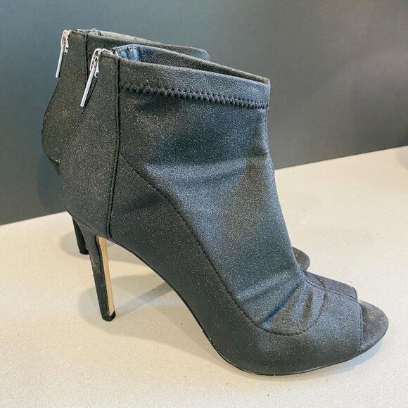 Jewel Badgley Mischka Margarita Peep Toe Heel Booties Glittery Black Size 5.5 - Picture 1 of 6